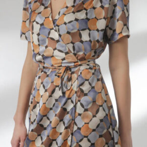 Serie of studio photos of young female model in retro pattern wrap dress